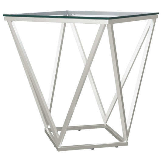Brittania Square Glass Top Geometric End Table Nickel