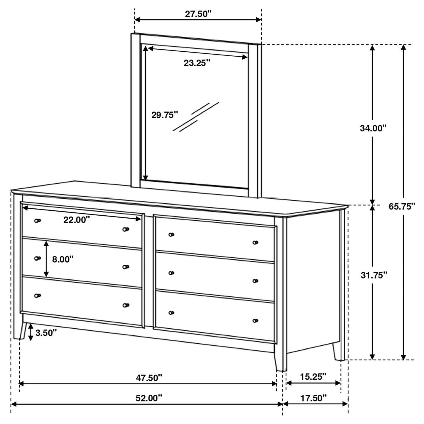 Selena 6-drawer Dresser with Mirror Cream White