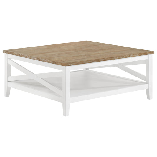 Hollis Square Wood Coffee Table With Shelf Brown and White
